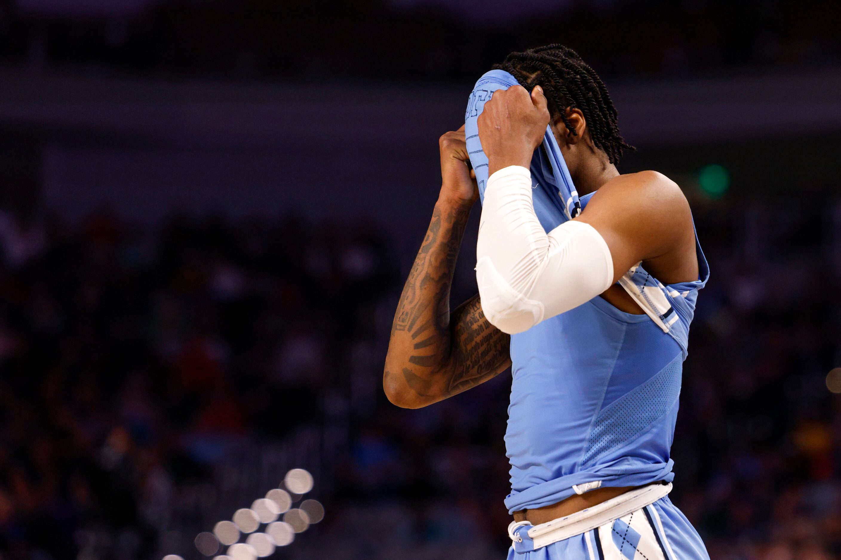 North Carolina Tar Heels guard Caleb Love (2) reacts after fouling out of the game during...