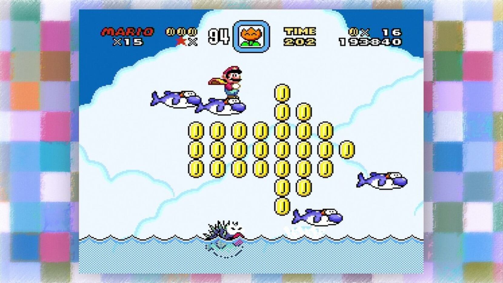 A screenshot of 'Super Mario World' running on the SNES Classic Edition.