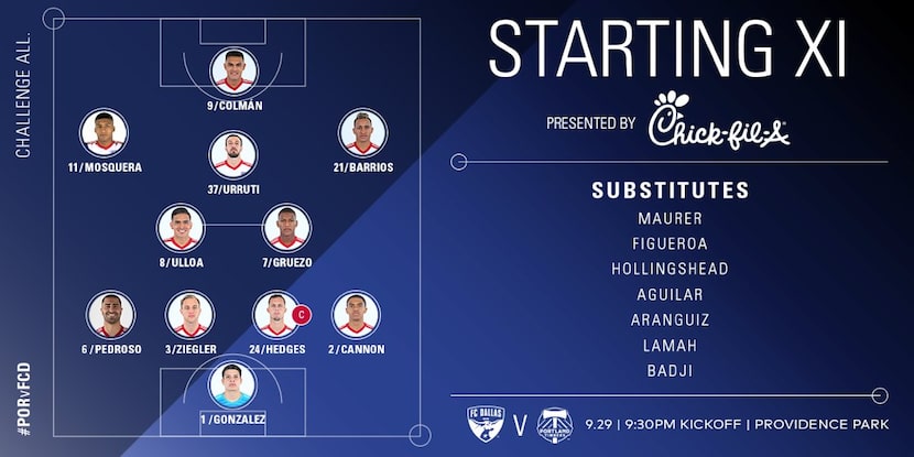 FC Dallas starting IX at Portland Timbers. (9-29-18)