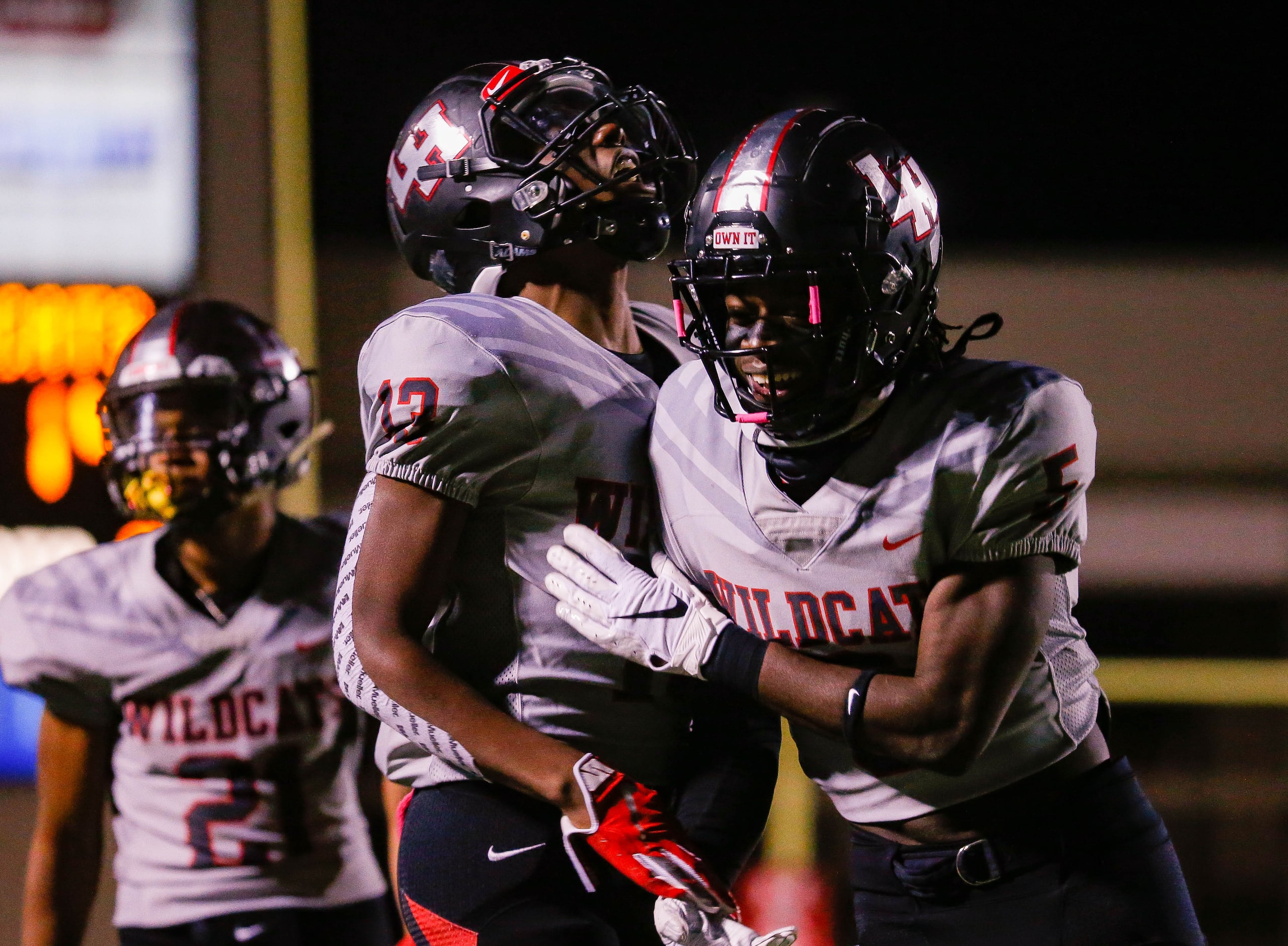 Lake Highlands Ladavion Osborn (5) celebrates after intercepting a Irving MacArthur ball...