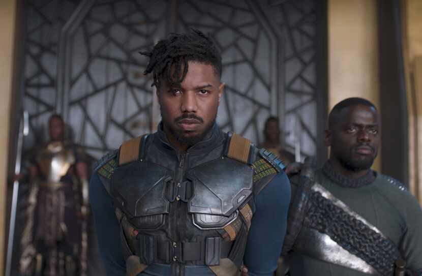 Michael B. Jordan (left) and Daniel Kaluuya as Killmonger and W'Kabi in Disney-Marvel's...