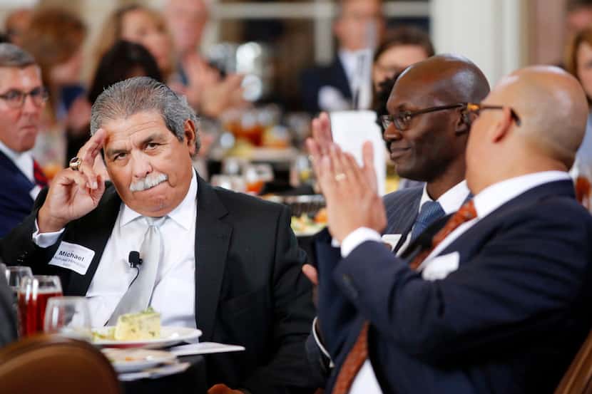 Dallas ISD superintendent Michael Hinojosa is acknowledged by Peter Balyta during the Dallas...