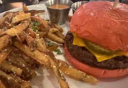 Even the burger bun is pink at XOXO restaurant.