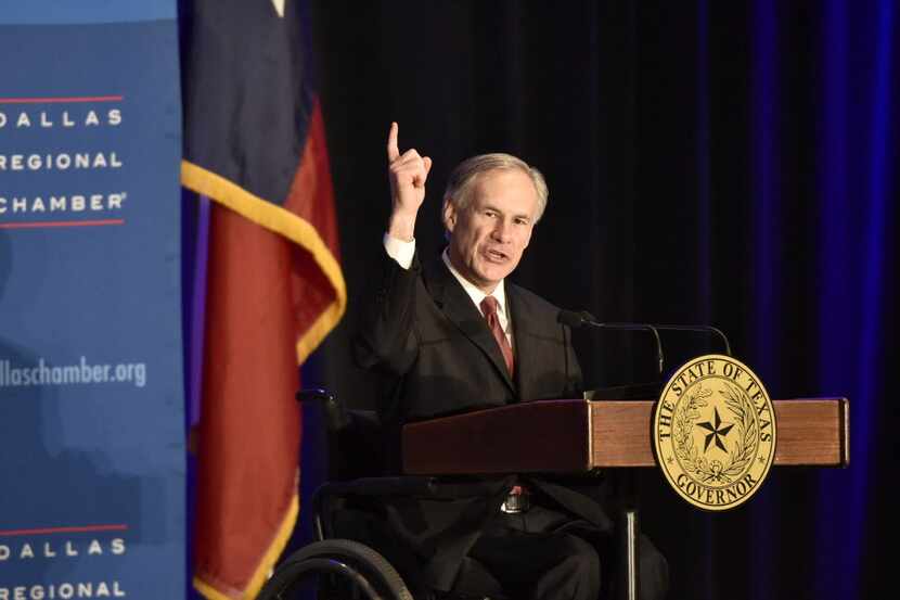 Texas Governor Greg Abbott speaks at the Dallas Regional Chamber at the Hyatt Regency Hotel.