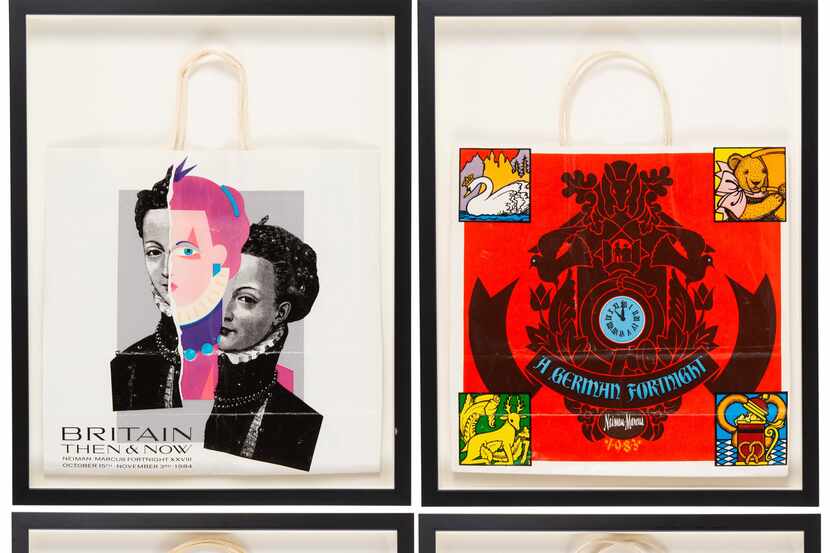 Framed Neiman Marcus Fortnight limited edition shopping bags.