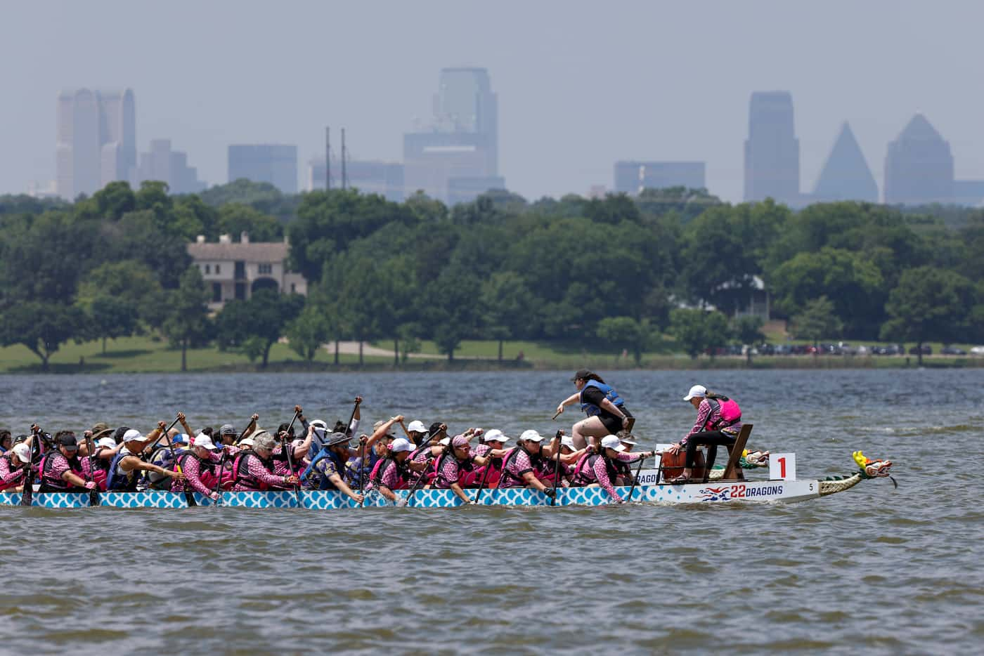 A pair of dragon boats race during the AAPI Heritage and Dragon Boat Festival at White Rock...