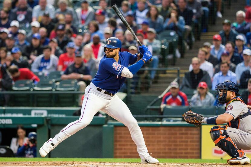 Texas Rangers outfielder Joey Gallo bats during the first inning against the Houston Astros...