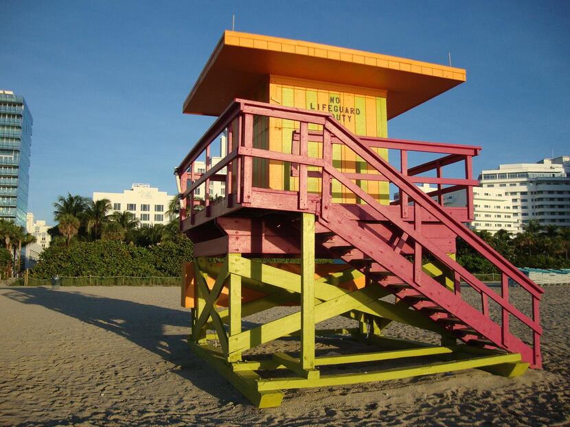 Lifeguard  stands dot the waterfront in     Miami Beach.
