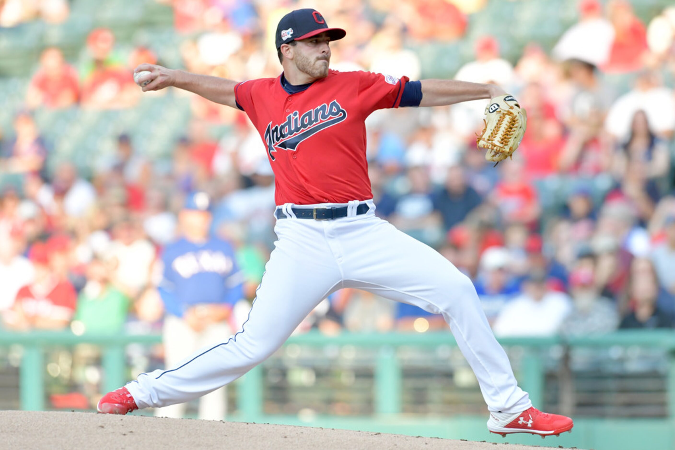 CLEVELAND, OHIO - AUGUST 05: Starting pitcher Aaron Civale #67 of the Cleveland Indians...