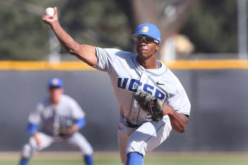 Dillon Tate (17) of the UC Santa Barbara Gouchos pitches during a game against the Cal State...