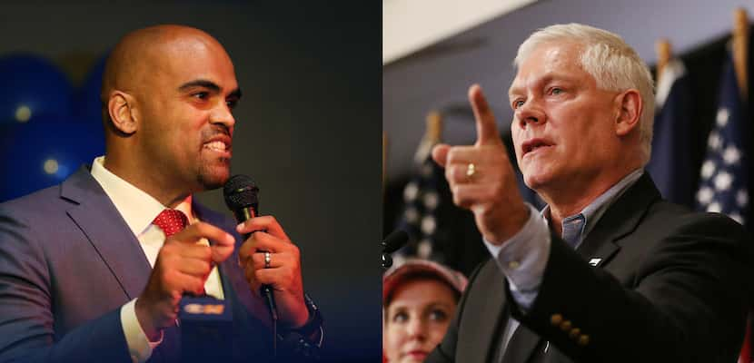 Colin Allred (left) speaks to supporters during an election night party at Ozona Grill and...