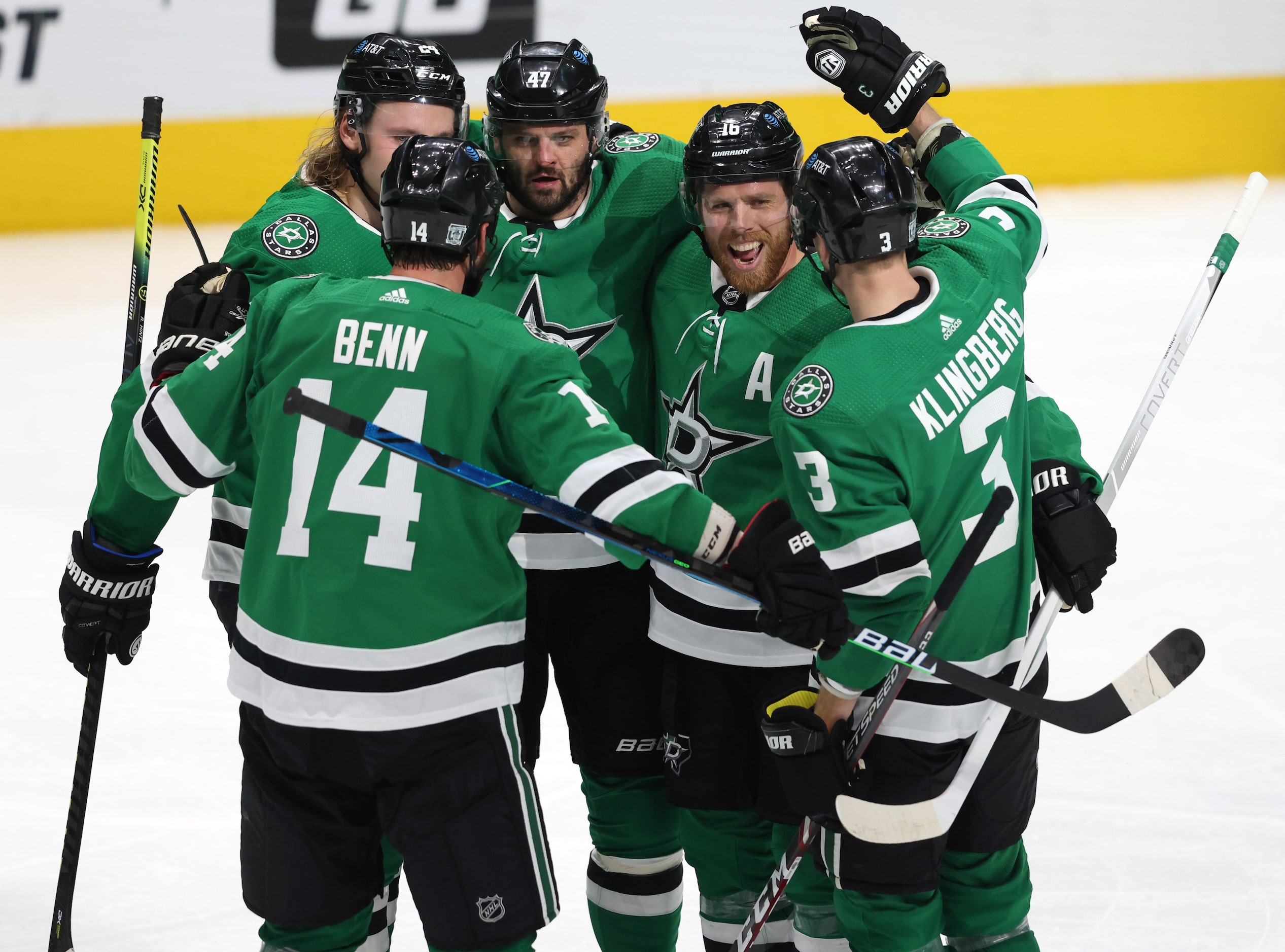 Dallas Stars right wing Alexander Radulov (47) is congratulated by teammates Dallas Stars...