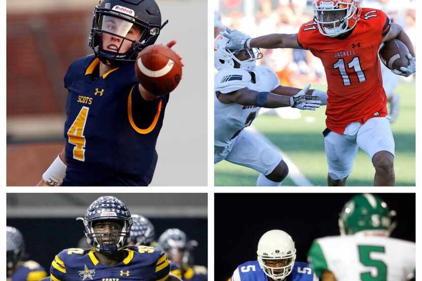 Clockwise from top left: Highland Park quarterback Chandler Morris, Rockwall wide receiver...