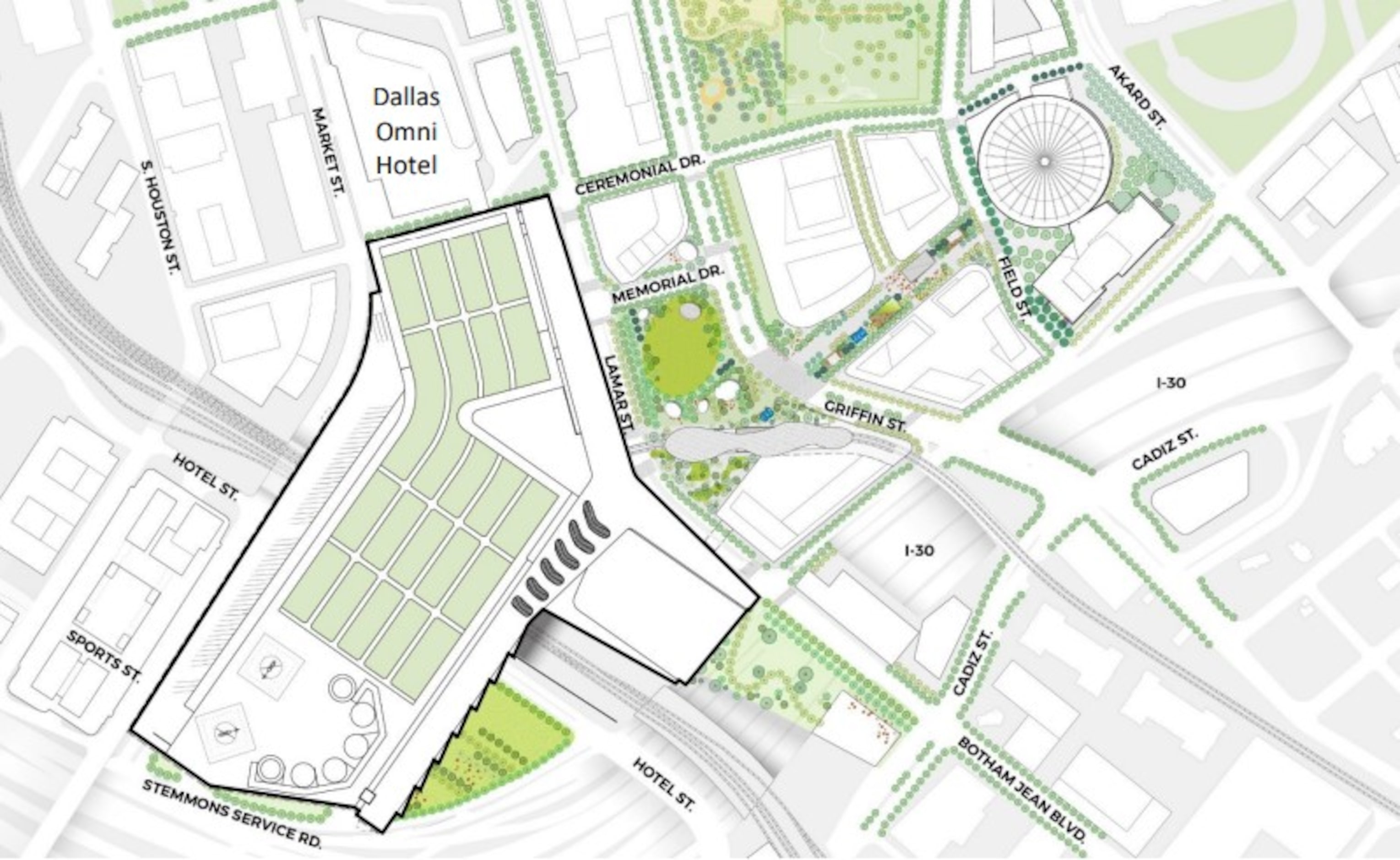 Aerial site plan of the proposed Kay Bailey Hutchison Convention Center.