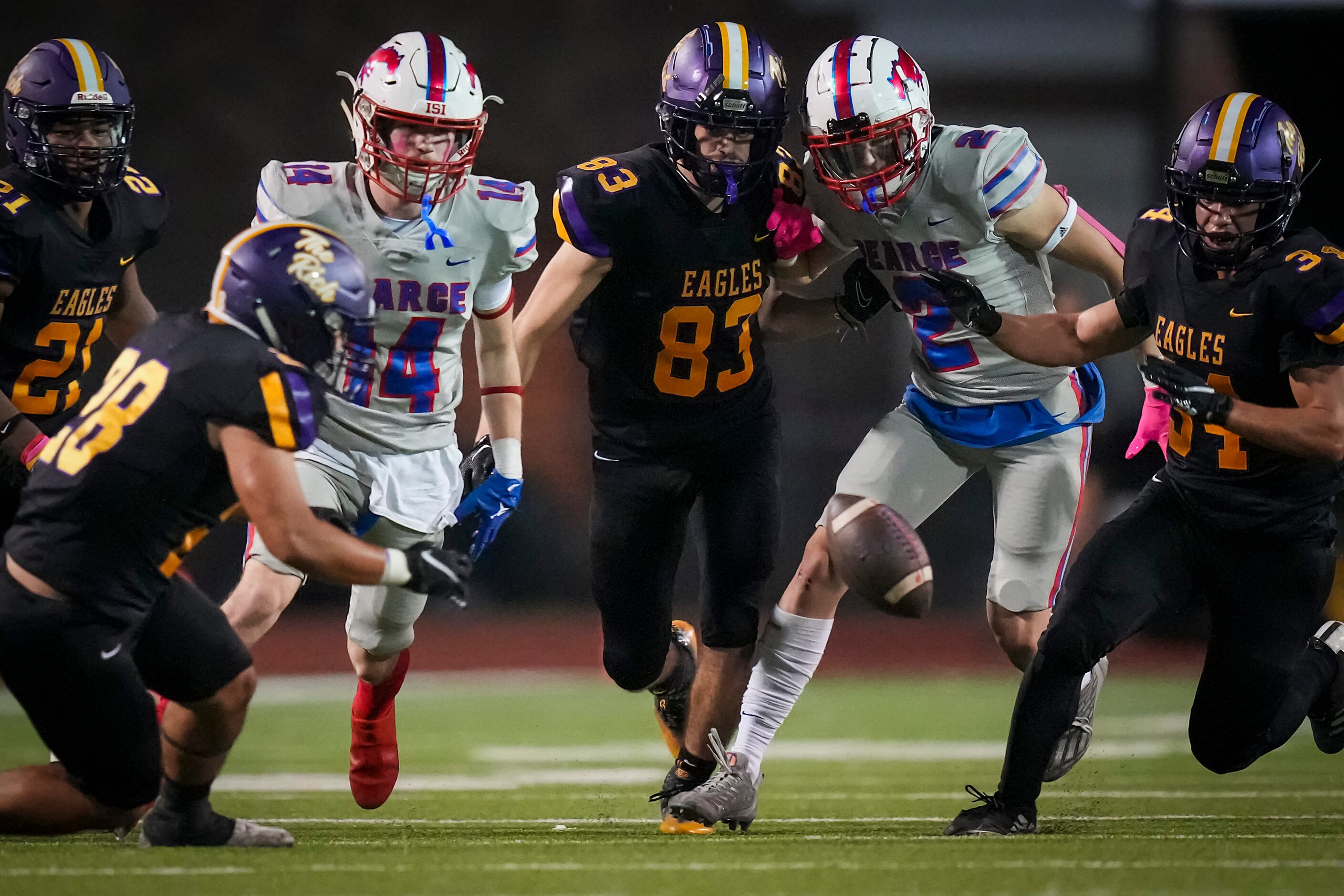 Richardson’s  Nate Jimenez (28), Dean Lamendola (83) and Areion Coln (34) give chase to an...