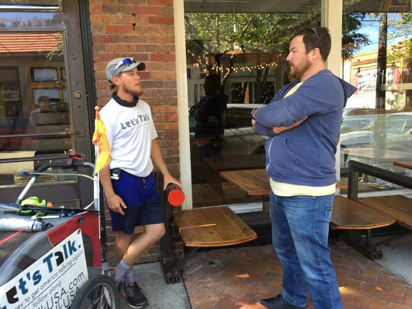 Chris Andrews (left) talked with Mike Goldfuss, owner of Collective Brewing Project in Fort...