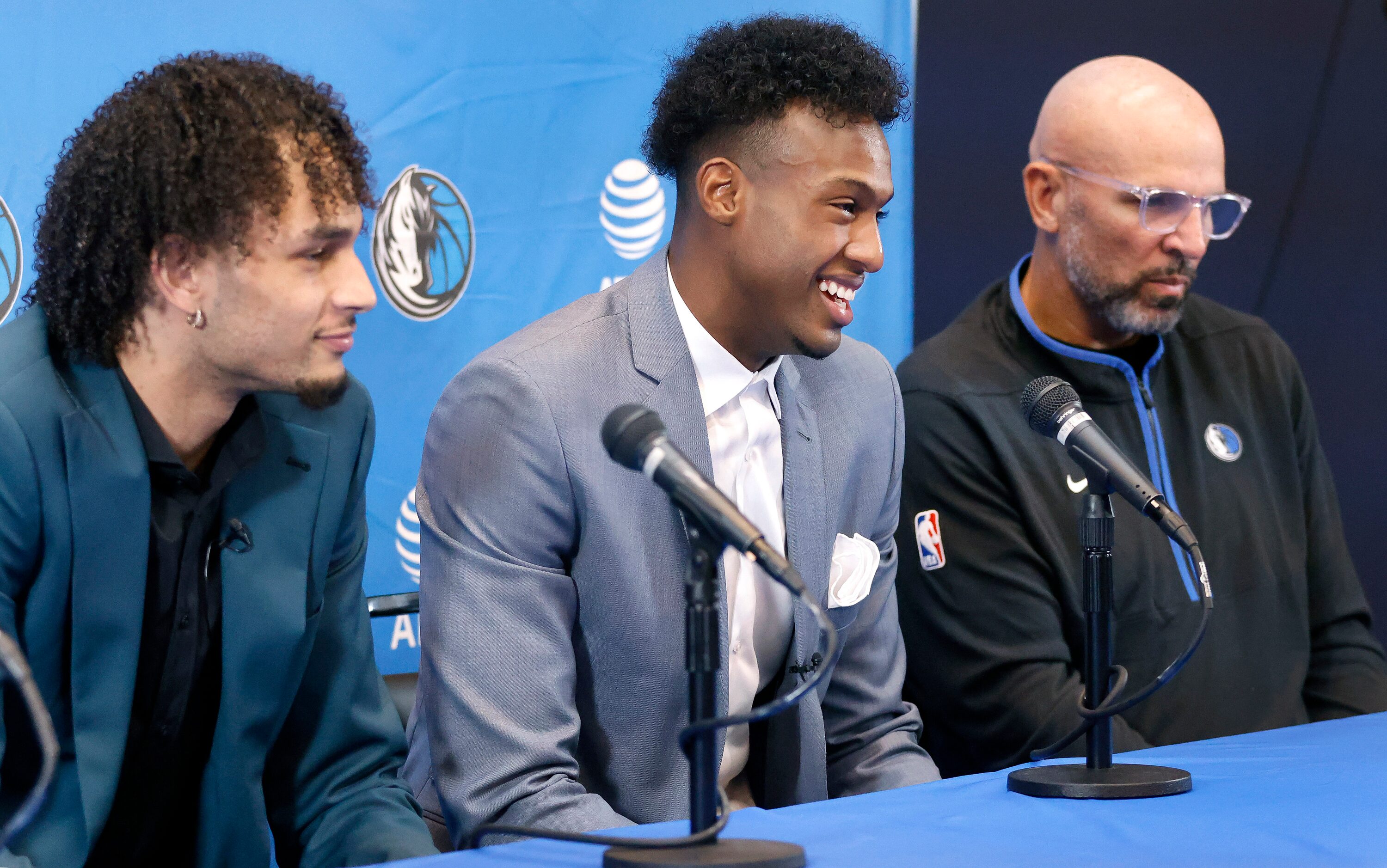 Newly drafted Dallas Mavericks players Dereck Lively II of Duke (left) and Olivier-Maxence...