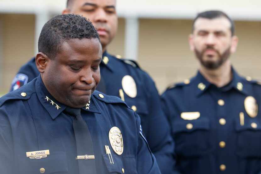 Arlington Police Department chief Al Jones takes a moment as he speaks during a press...