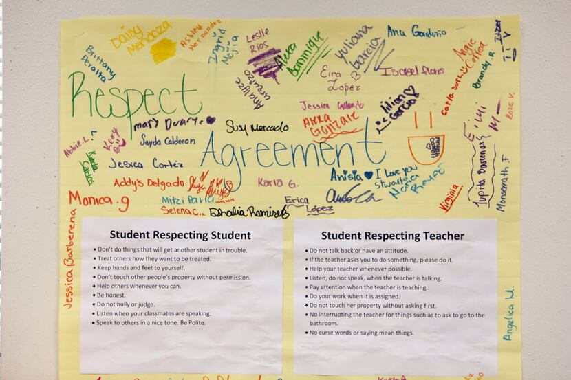 A respect agreement for classroom conduct is posted during an activity called restorative...