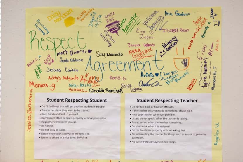 A respect agreement for classroom conduct is posted during an activity called restorative...