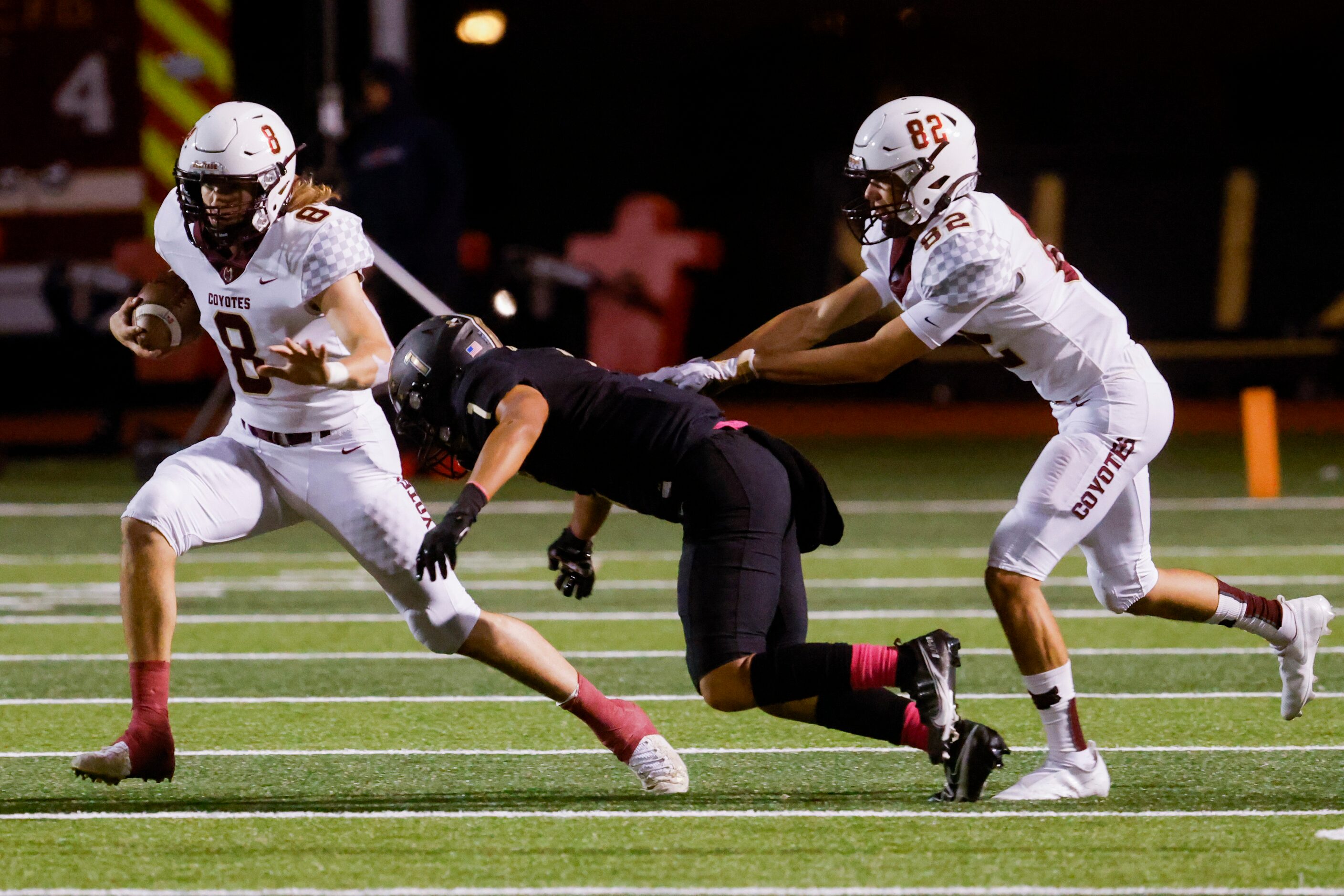 Frisco Heritage’s wide receiver Bryce Gilchrist (8) evades The Colony’s defensive back...