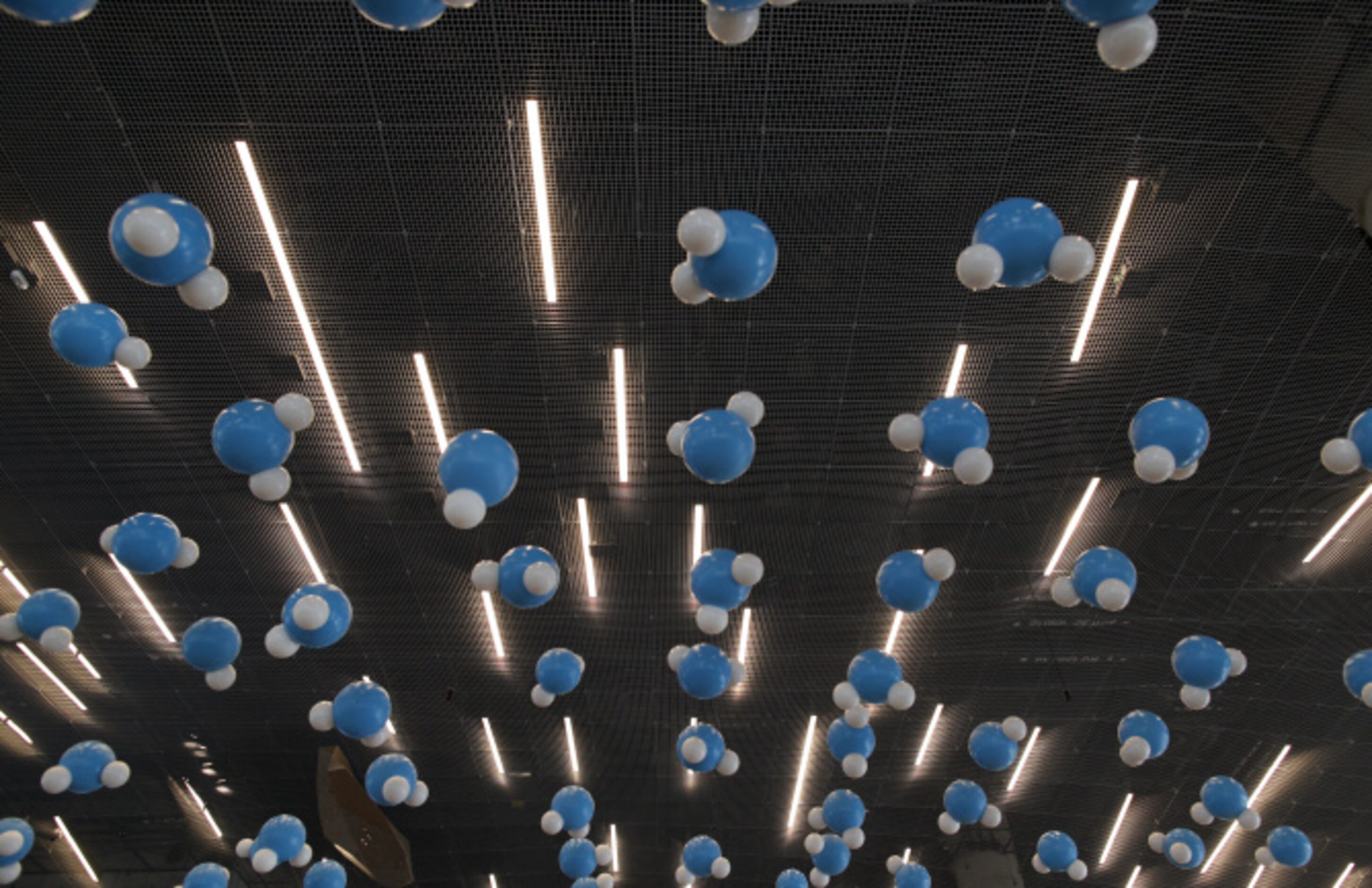 View of the motion censored water molecule exhibit during at the Perot Museum of Nature and...