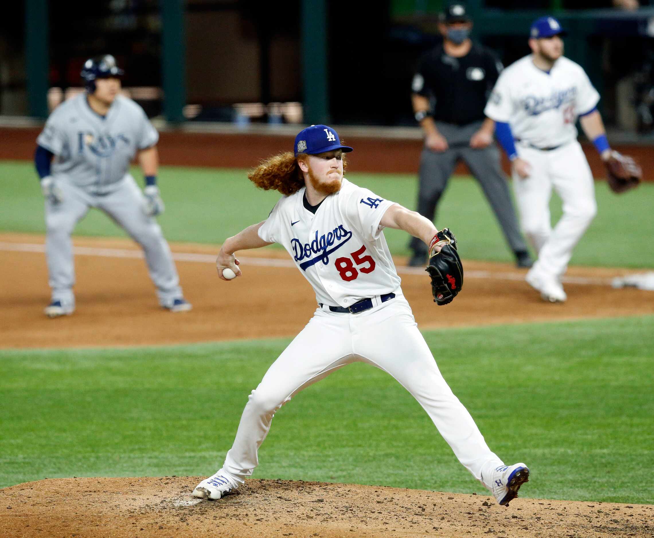 With Tampa Bay Rays Ji-Man Choi leading off first, Los Angeles Dodgers relief pitcher Dustin...