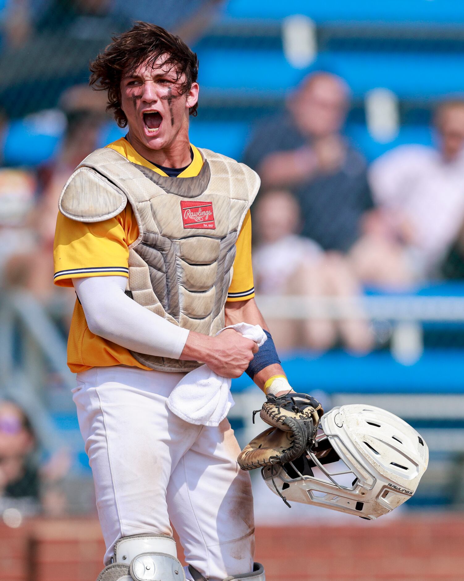 Plano Prestonwood catcher AJ DePaolo (5) reacts after throwing out Fort Worth Nolan...