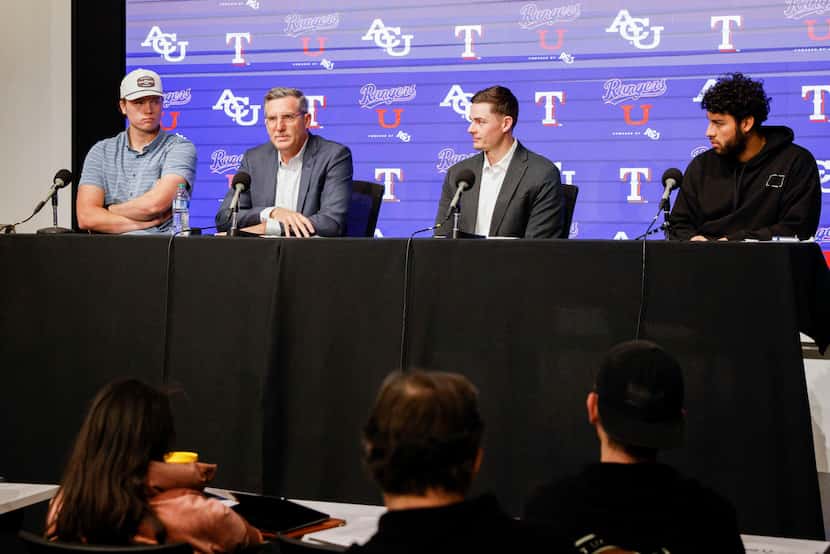 From left, Texas Rangers pitcher Tekoah Roby, Stephen Johnson, chief administrative officer...