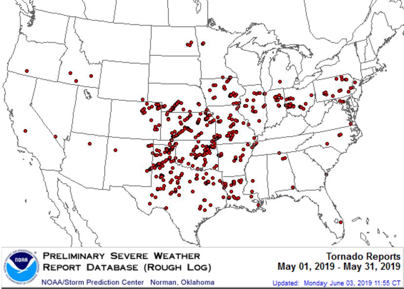 This map shows tornadoes reported in the U.S. during May.
