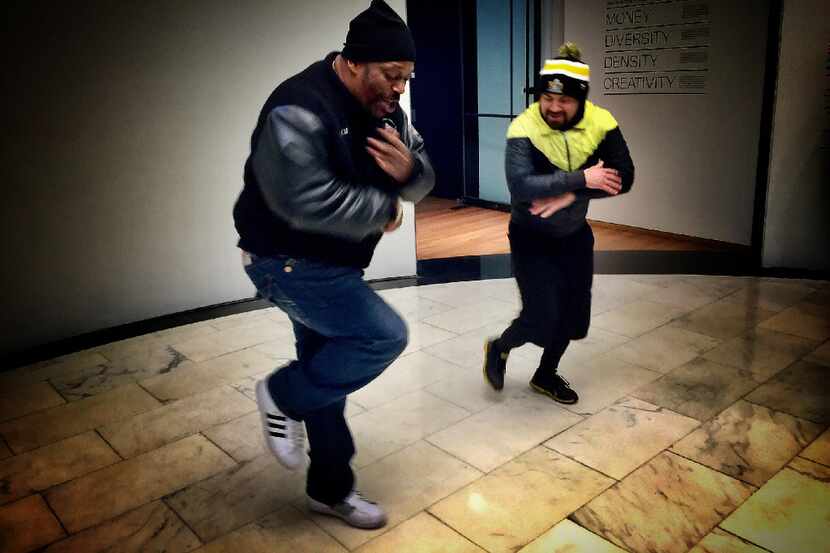 Grandmaster Caz demos some moves with Bboy Mighty Mouse during the Hush hip-hop tour of New...