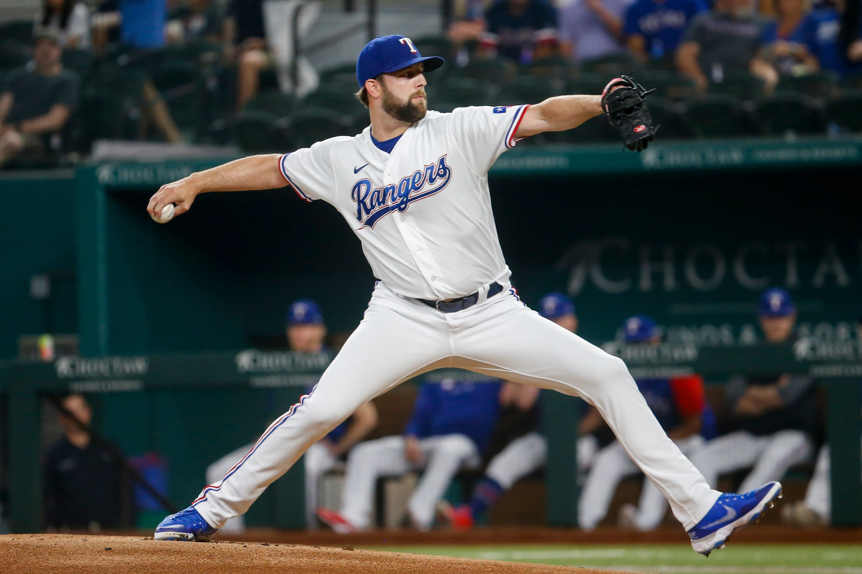 Texas Rangers starting pitcher Jordan Lyles (24) pitches against the Los Angeles Angels...