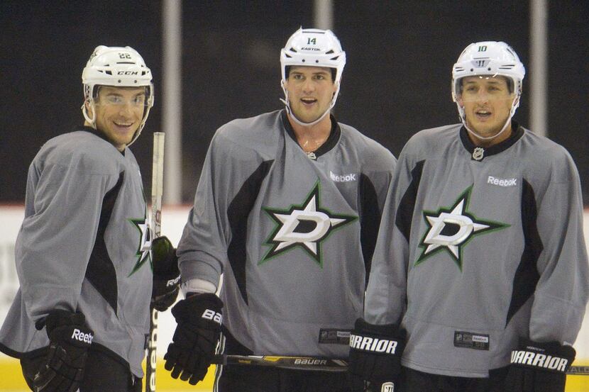 The Dallas Stars' Colton Sceviour, left, Jamie Benn, and Shawn Horcoff during the team's...