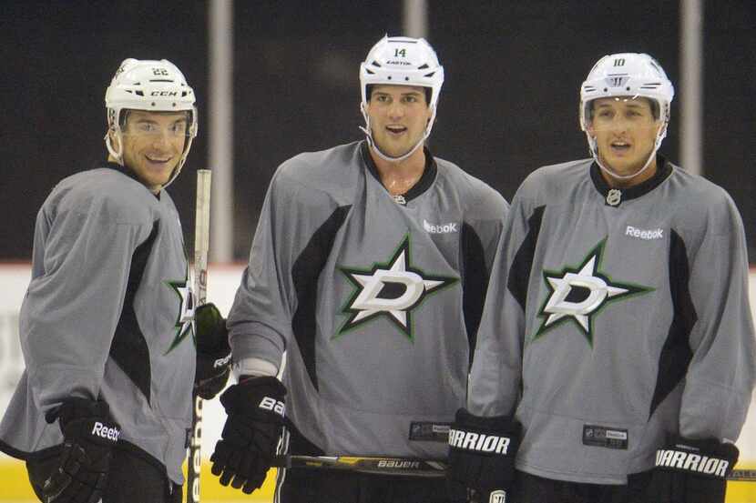 The Dallas Stars' Colton Sceviour, left, Jamie Benn, and Shawn Horcoff during the team's...