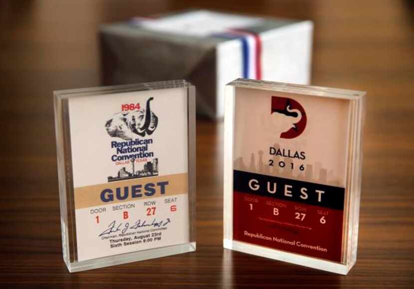 
Dallas presented GOP officials with Lucite convention “tickets” — one side from the 1984...