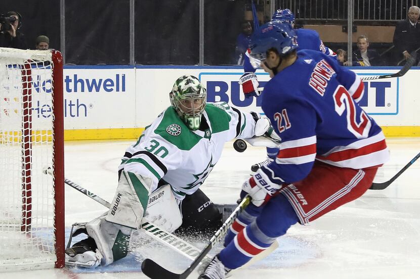 NEW YORK, NEW YORK - NOVEMBER 19: Ben Bishop #30 of the Dallas Stars makes the second period...