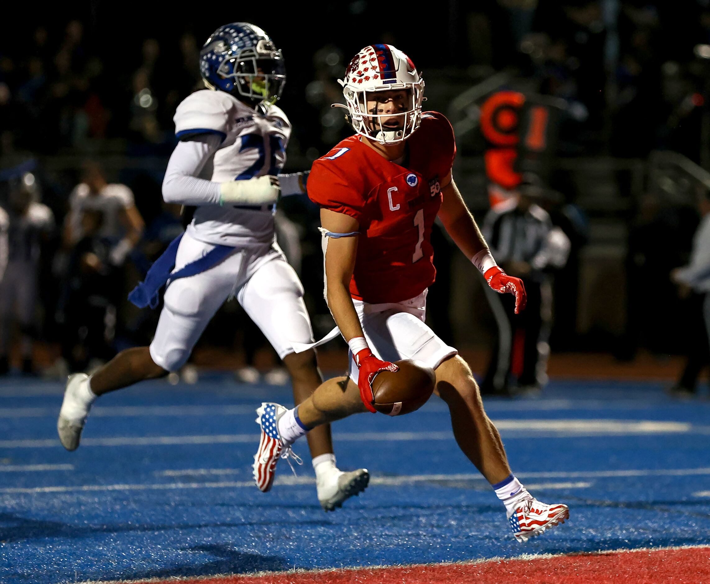 Parish wide receiver Blake Youngblood (1) walks into the endzone for a touchdown reception...