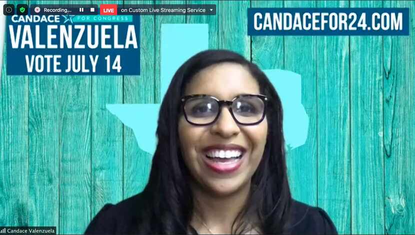 Candace Valenzuela declares victory and thanks her supporters, after defeating Kim Olson in...