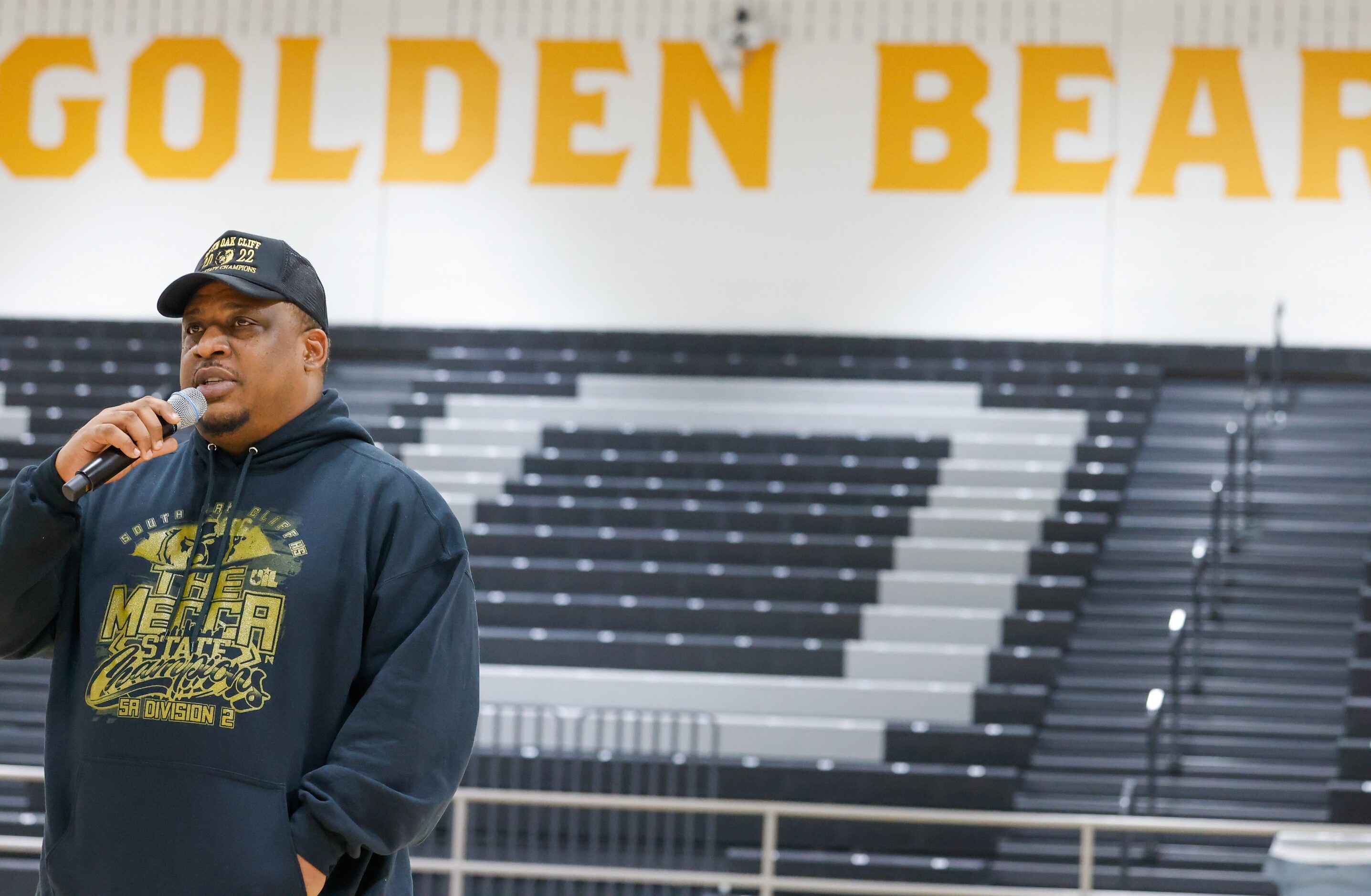 South Oak Cliff head football coach Jason Todd introduces his players during a signing...