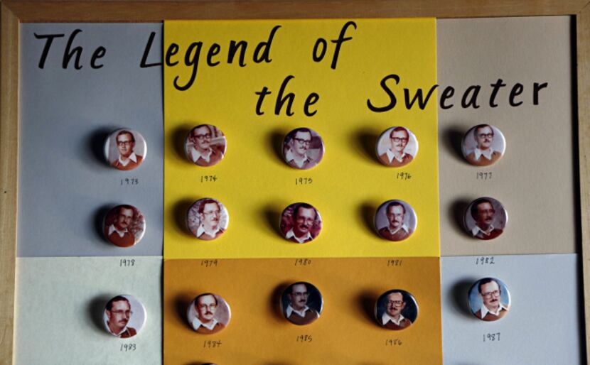Dale Irby’s daughter, Richardson teacher Sara Larkin, had buttons made of his now-famous...