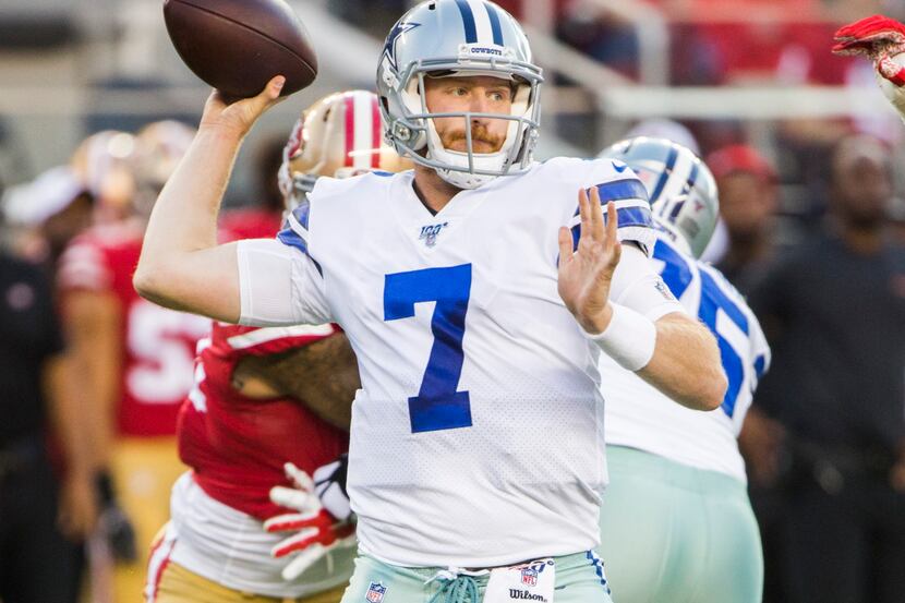 Dallas Cowboys quarterback Cooper Rush (7) throws a pass during the second quarter of an NFL...
