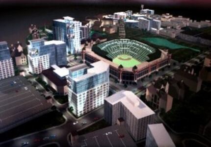  Rendering of proposed mixed-use development next to the Texas Rangers ballpark in the early...