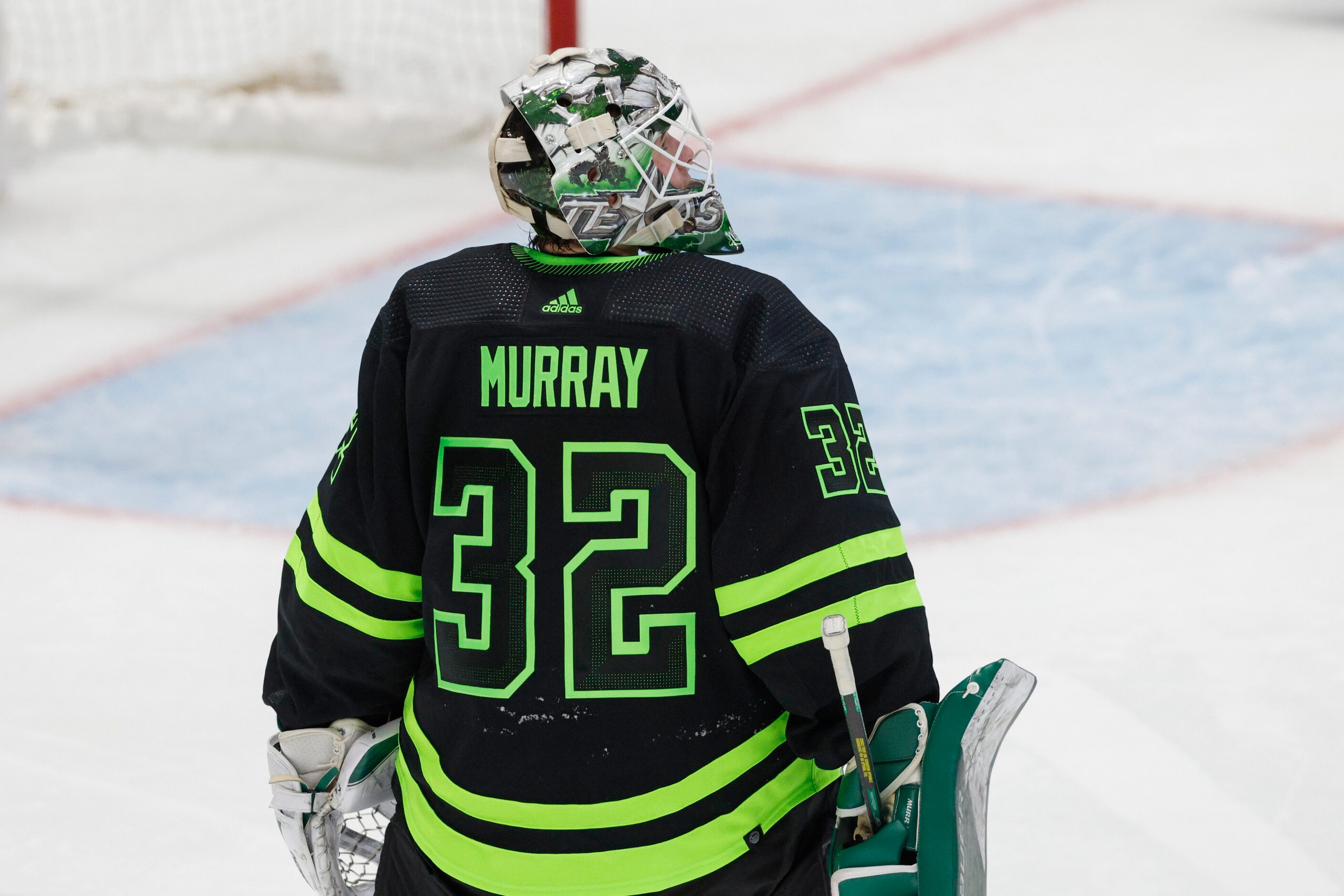 Dallas Stars goaltender Matt Murray (32) watches a replay after giving up a goal during the...