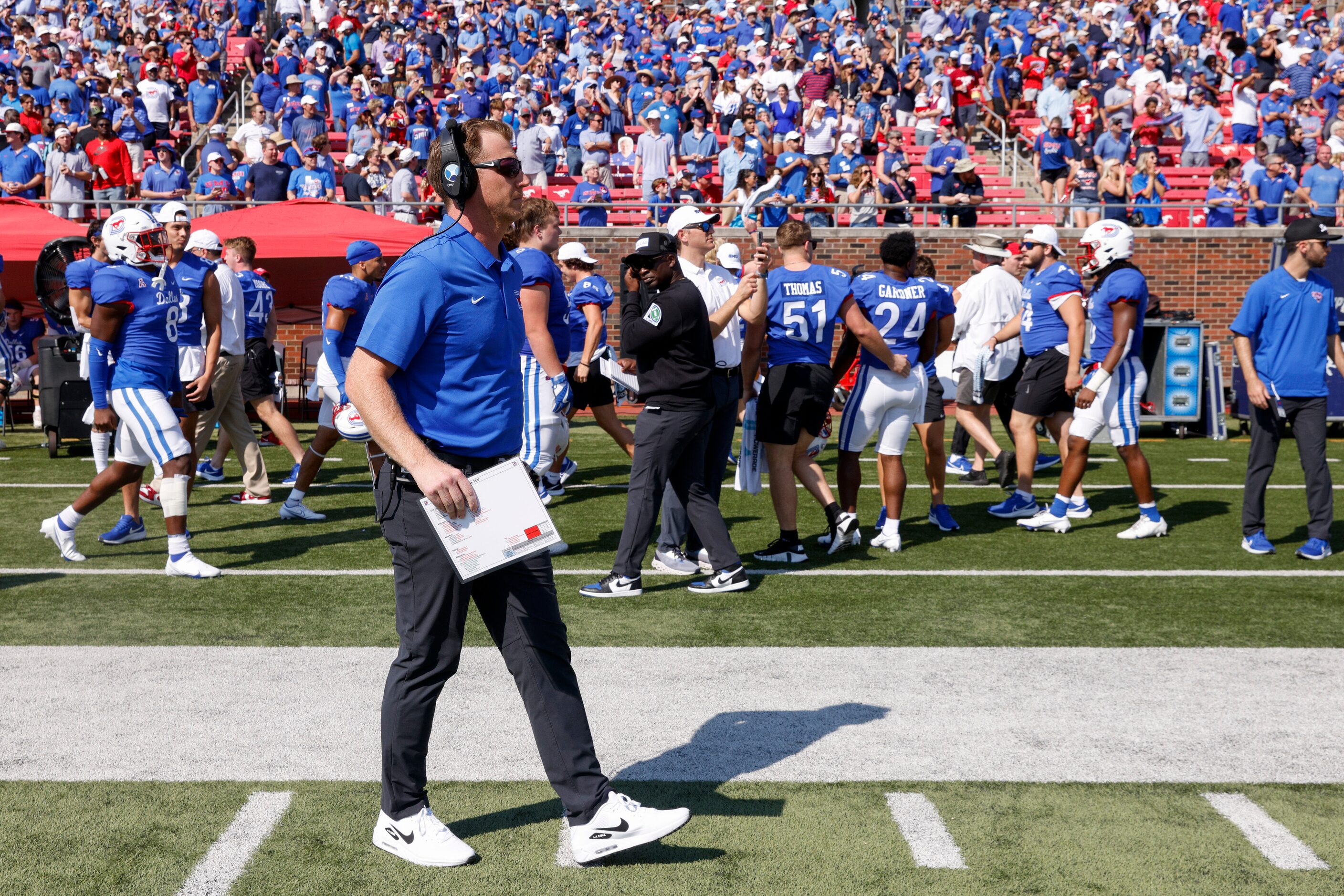 SMU head coach Rhett Lashlee walks the sideline before a game against TCU at Ford Stadium,...