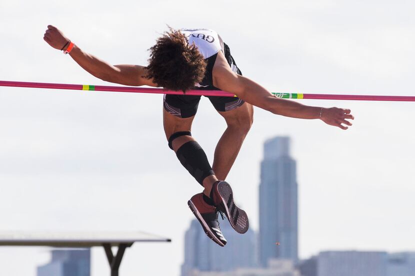 Denton Guyer's Eli Stowers competes in Boys' High Jump during the Texas Relays track and...