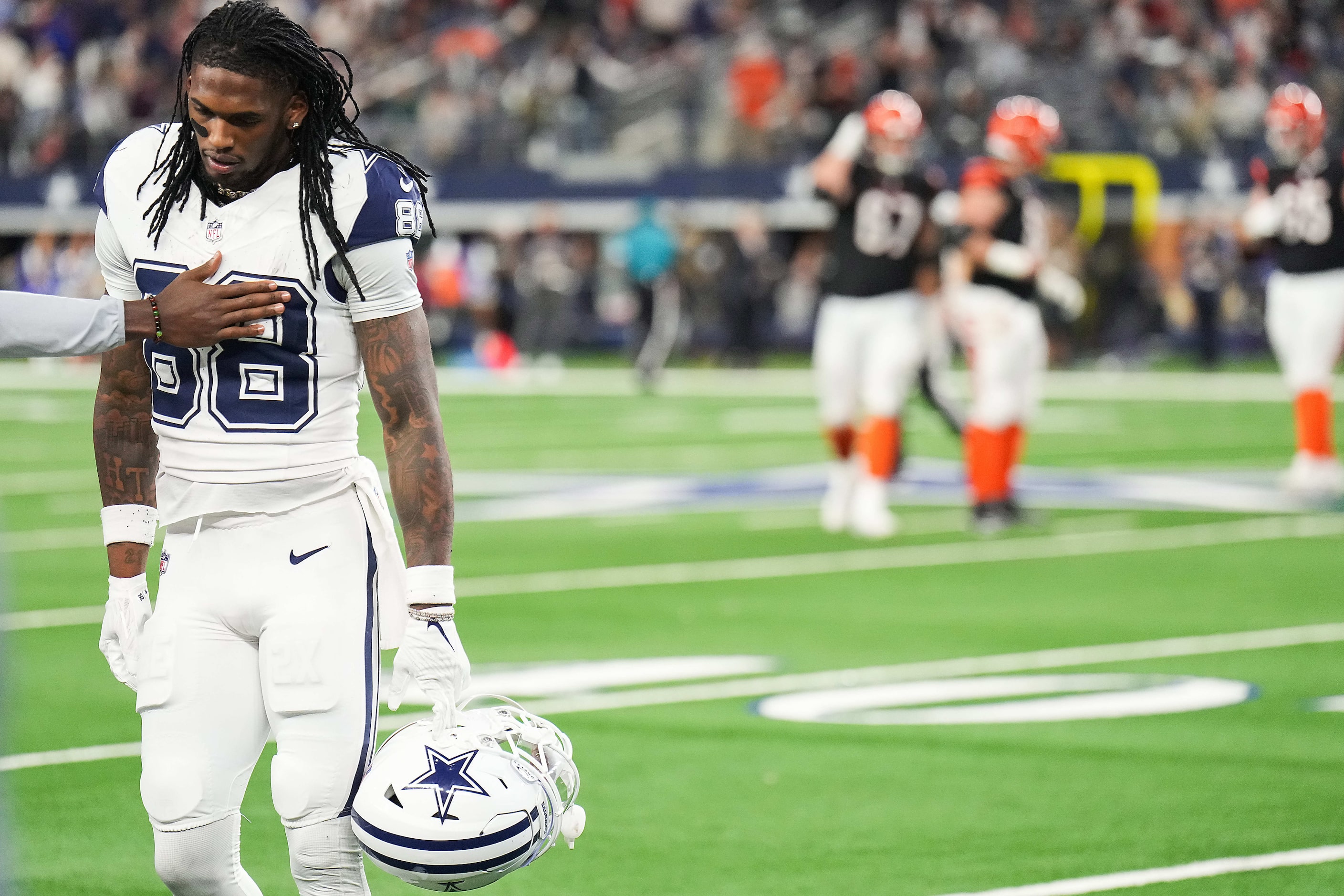 Dallas Cowboys wide receiver CeeDee Lamb (88) reacts after the Cowboys turned the ball over...