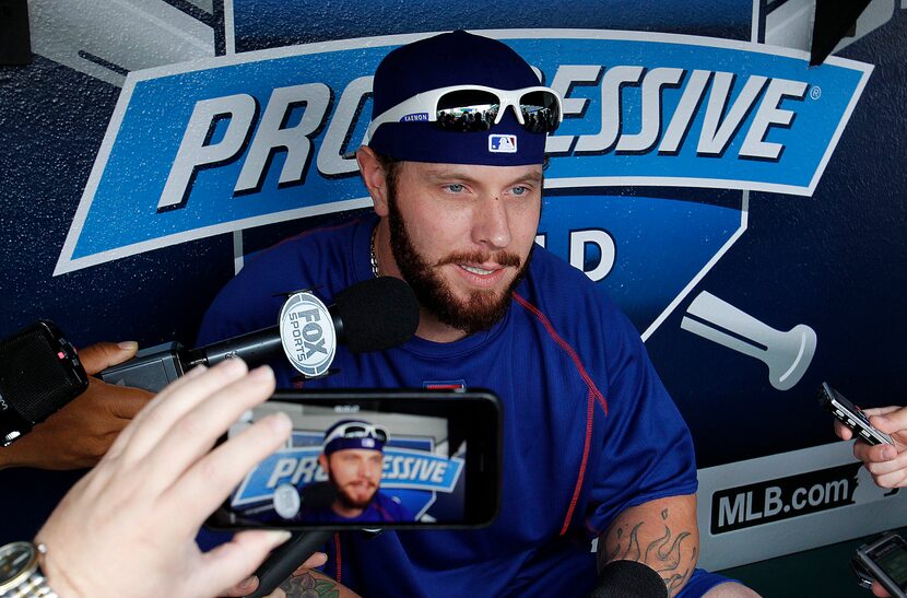 Texas Rangers' Josh Hamilton talks to the media prior to the Rangers baseball game against...