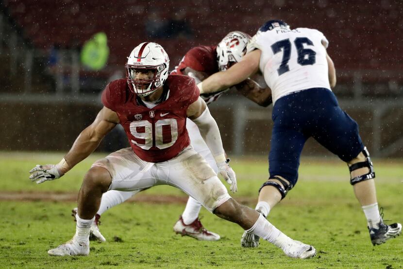 FILE - In this Nov. 26, 2016, file photo, Stanford defensive end Solomon Thomas (90) is...