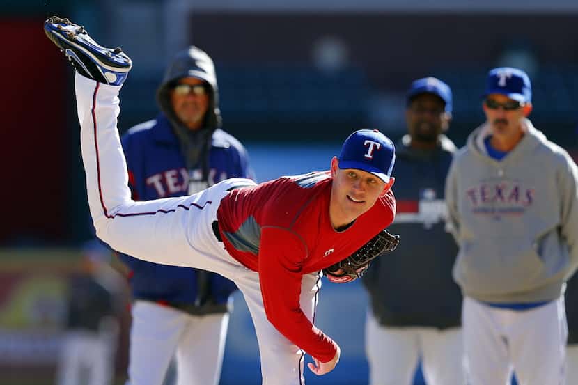 Texas Rangers pitcher Nick Tepesch throws from the mound during the Texas Rangers Winter...