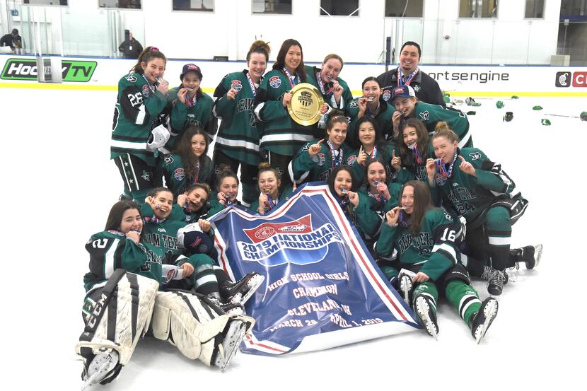 The 2019 Team Texas girls hockey team celebrates its high school national championship...